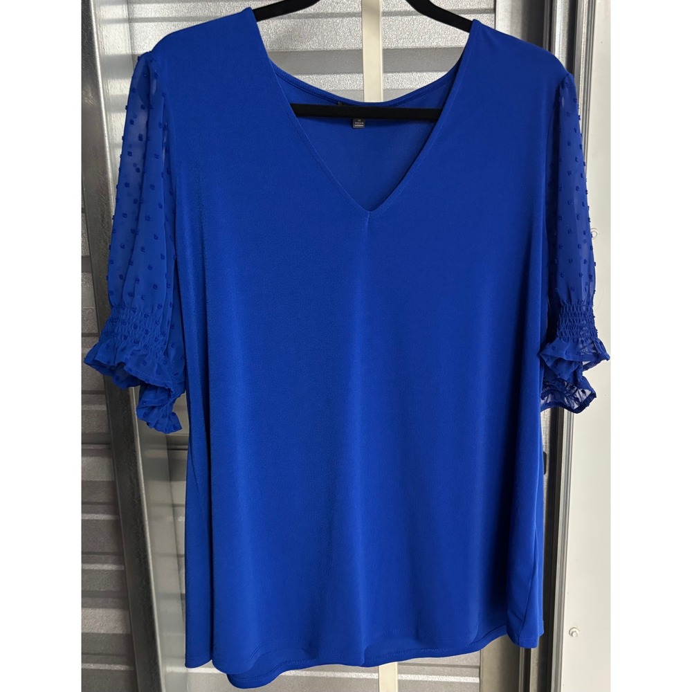 Adrianna Papell Royal Blue V-Neck Swiss Dot Smocked Sleeve Blouse 1X AD1S301624W